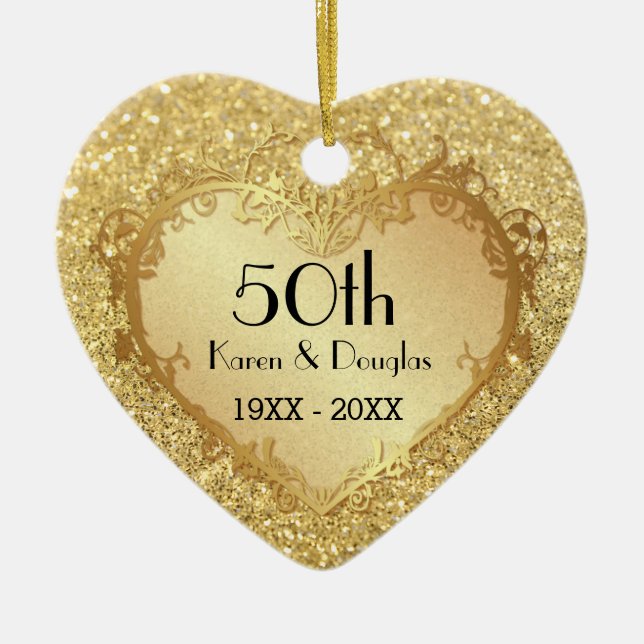 Sparkle Gold Heart 50. Hochzeitstag Keramik Ornament (Vorne)