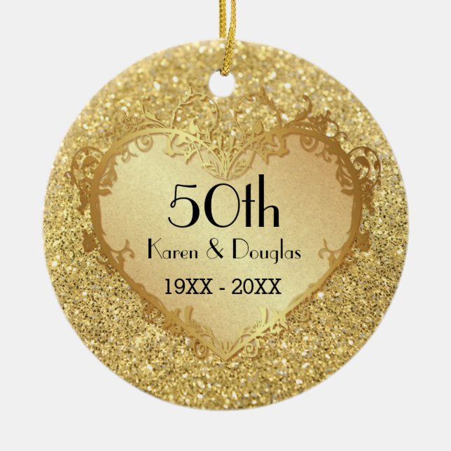 Sparkle Gold Heart 50. Hochzeitstag Keramikornament (Vorne)