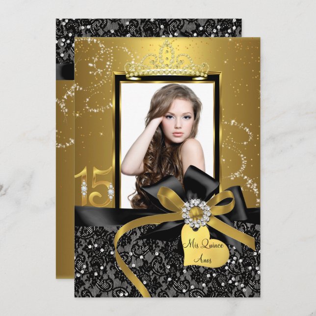 Sparkle Gold Lace & Bow Foto Quinceanera Einladung (Vorne/Hinten)