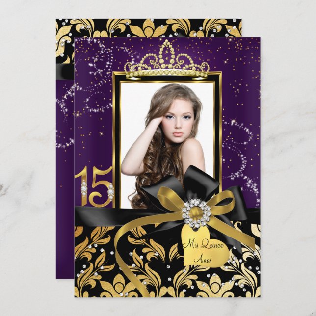 Sparkle Gold Lila Damask & Bow Foto Quinceanera Einladung (Vorne/Hinten)
