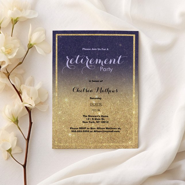 Sparkle Gold Lila Ombre Glitzer Retirement Party Einladung (Sparkle Gold Purple Ombre Glitter Retirement Party )