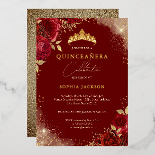 Sparkle Gold Rote Rose Tiara Quinceanera Folieneinladung