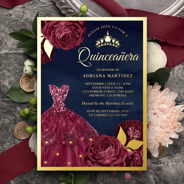 Sparkle Gown Burgund Floral Navy Quinceanera Gold Folieneinladung (Von Creator hochgeladen)