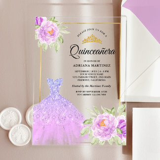 Sparkle Gown Lilac Lila Floral Gold Quinceanera Acryleinladungen