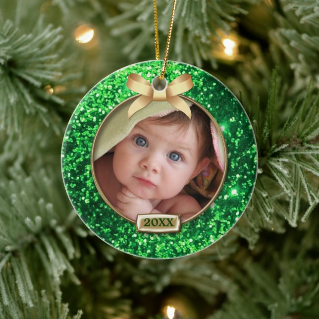 Sparkle Green/Gold Bow-Foto Keramik Ornament (Baum)