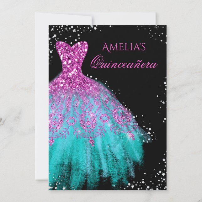 Sparkle Kleid Pink Aquamarin Quinceanera Einladung (Vorderseite)