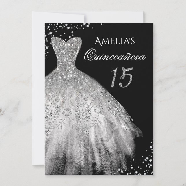 Sparkle Kleid Silver Black Quinceanera Einladung (Vorderseite)