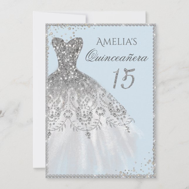 Sparkle Kleid Silver Blue Quinceanera Einladung (Vorderseite)