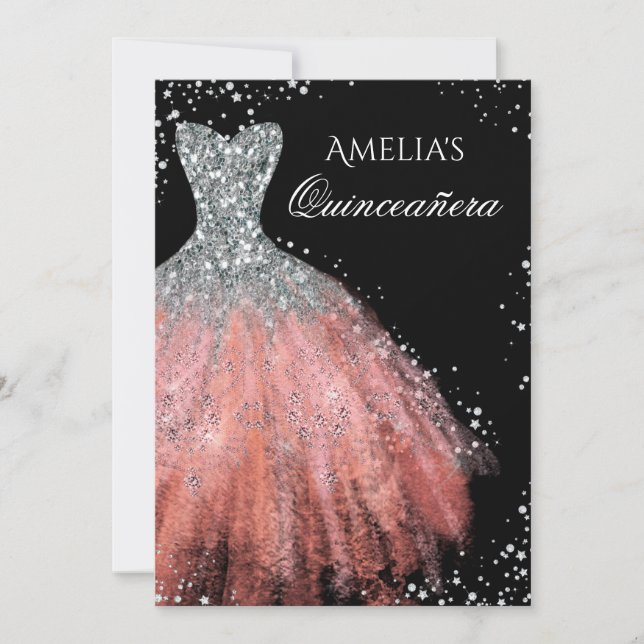 Sparkle Kleid Silver Pink Quinceanera Einladung (Vorderseite)