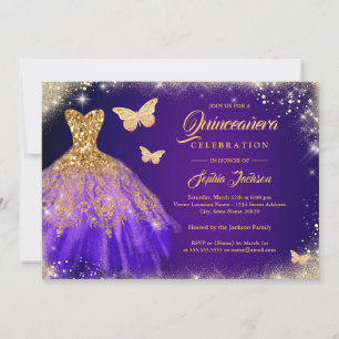 Sparkle Lila Gold Dress Butterfly Quinceanera Einladung