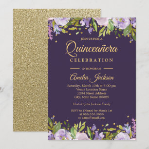 Sparkle Lila Gold Floral Quinceanera Einladung