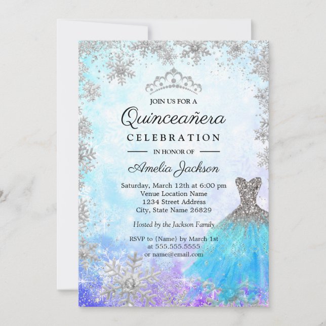 Sparkle Lila Schneeflocken Winter Quinceanera Einladung (Vorderseite)