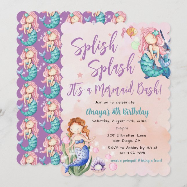 Sparkle Mermaid Bash Birthday Einladung (Vorne/Hinten)