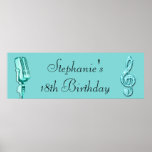 Sparkle Musiknote und Retro-Mikrofon zum Geburtsta Poster<br><div class="desc">Personalisiertes, elegantes Geburtstagsbanner für Frauen ab 18. Geburtstag. Schöner türkisfarbener Hintergrund, funky aquamarin / türkis Retro Vintages Mikrofon, und ein hübsches, glamouröses gedrucktes Bild Kristall Glitzer, Sequins, Juwelen Glitzern glitzernden musikalischen Note / Musiknote. Chic, elegant, niedlich, mädchenhaft, modern 18. Geburtstagsfeier Banner mit trendigen, trendigen aquamarin / türkisfarbenen Farben. Groovy, stilvoll,...</div>