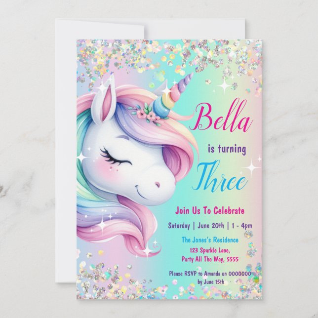 Sparkle Pastel Rainbow Unicorn Einladung zum Gebur (Vorderseite)