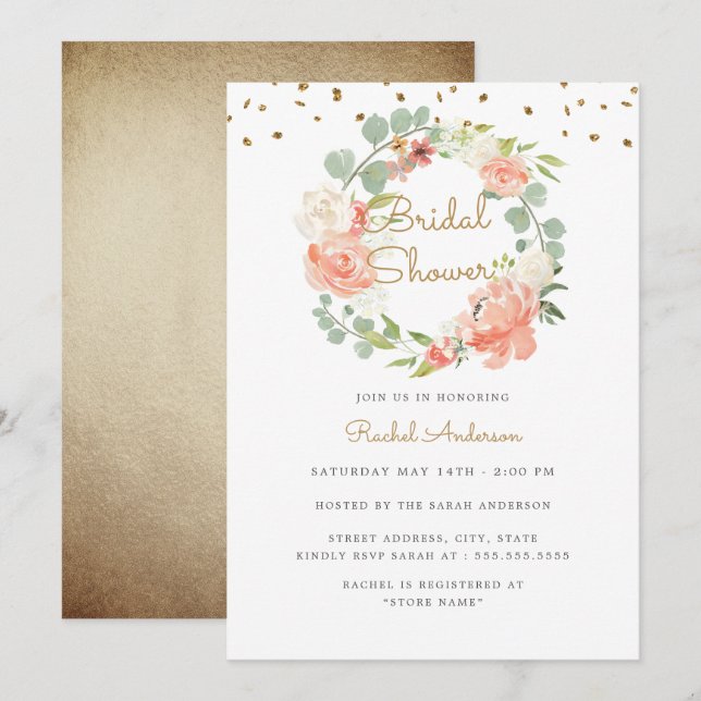 Sparkle Peach Gold Wreath Brautparty Einladung (Vorne/Hinten)