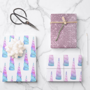 Sparkle Pink Blue Glam Unicorn Geburtstag Geschenkpapier Set