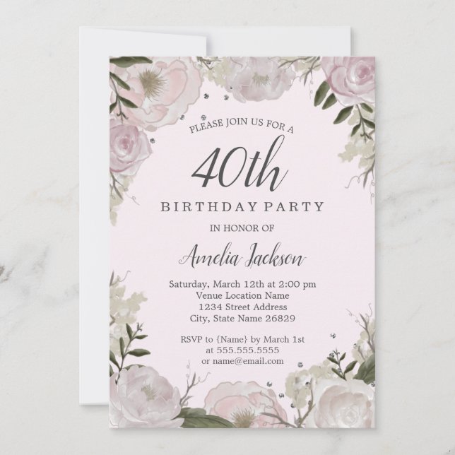 Sparkle Pink Floral 40. Geburtstag Party Einladung (Vorderseite)