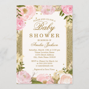 Sparkle Pink Gold Floral Baby Dusche Einladung