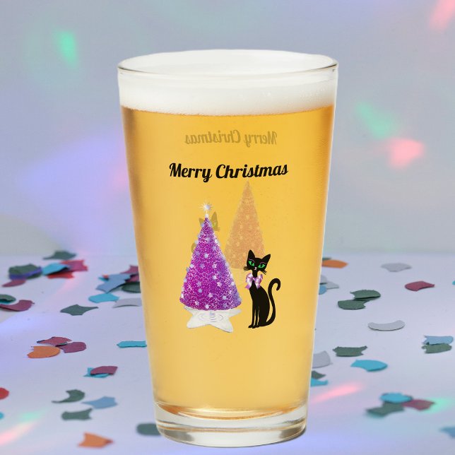 Sparkle Pink Silver Christmas Tree Black Cat Bow Glas (Sparkle pink silver tree black cat pink bow on Merry Christmas drinking glass.)