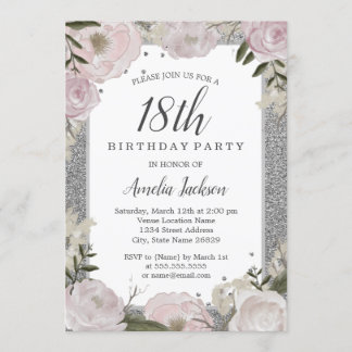 Sparkle Pink Silver Floral 18. Geburtstag Einladung