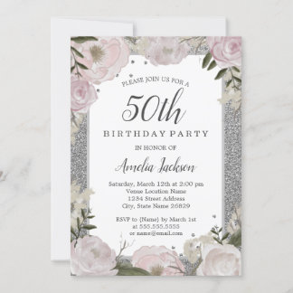 Sparkle Pink Silver Floral 50. Geburtstag Einladung