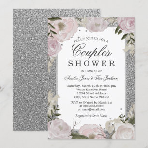 Sparkle Pink Silver Floral Couple Dusche Einladung