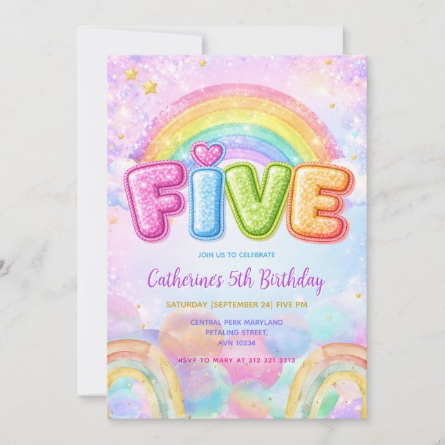 Sparkle Rainbow 5th Birthday Party Einladung (Vorderseite)