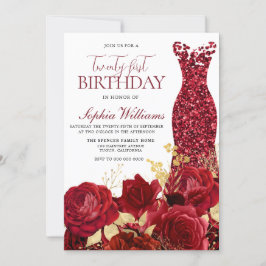 Sparkle Red Dress Rose Gold 21. Geburtstag Party Einladung