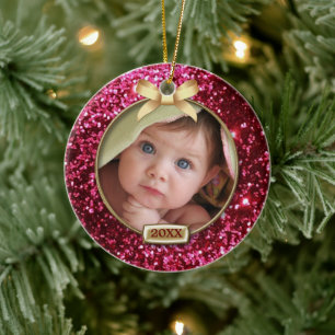 Sparkle Red/Gold Bow Foto Keramik Ornament