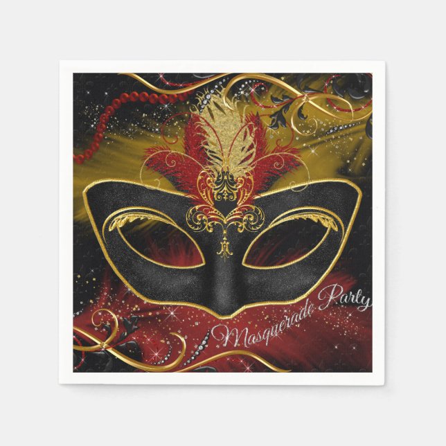 Sparkle Red & Gold Feather Masquerade Napkin Serviette (Vorderseite)