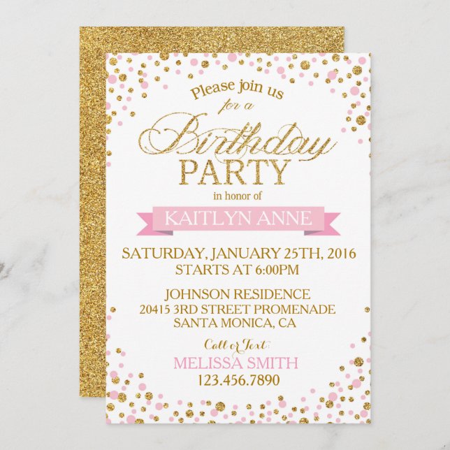 Sparkle Rosa und Gold Glitzer Dots Geburtstag Einladung (Vorne/Hinten)
