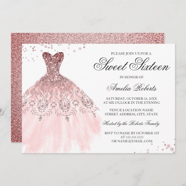 Sparkle Rose Gold Dress 16 . Geburtstag Einladung (Vorne/Hinten)