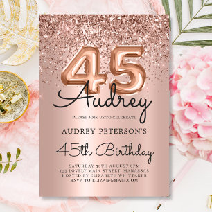 Sparkle Rose Gold Glitzer Ballon 45. Geburtstag Einladung
