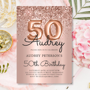 Sparkle Rose Gold Glitzer Ballon 50. Geburtstag Einladung