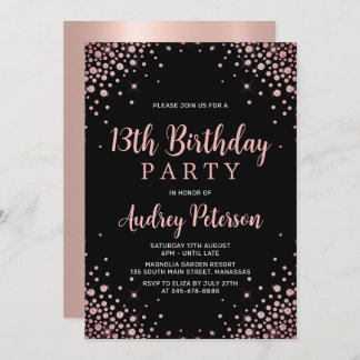 Sparkle Rose Gold Glitzer Black 13. Geburtstag Einladung
