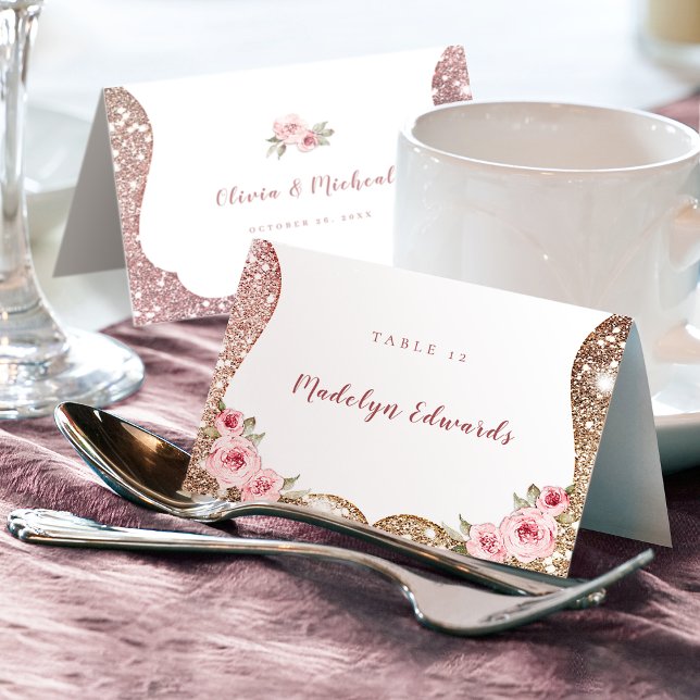 Sparkle Rose Gold Glitzer Blumenstrauß Platzkarte Tischnummer (Sparkle rose gold glitter floral Place Card)