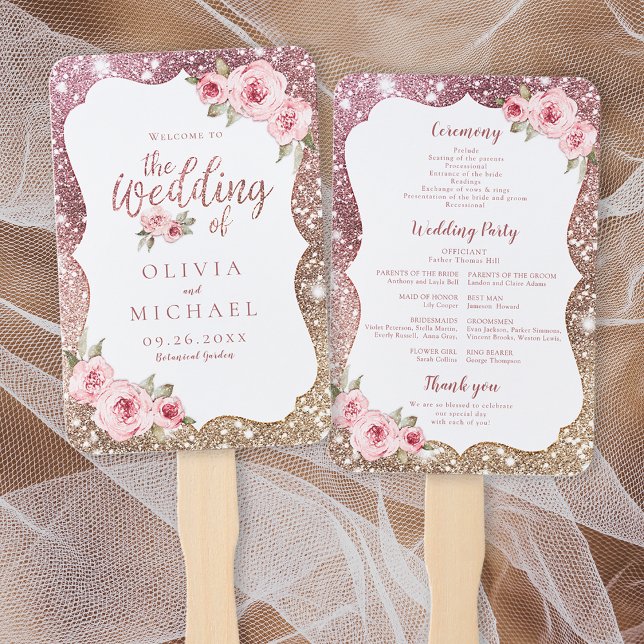 Sparkle Rose Gold Glitzer Blumenzwiebelfest Fächer (Sparkle rose gold glitter floral wedding program hand fan)