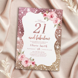 Sparkle Rose Gold Glitzer und Blumen 21. Geburtsta Einladung