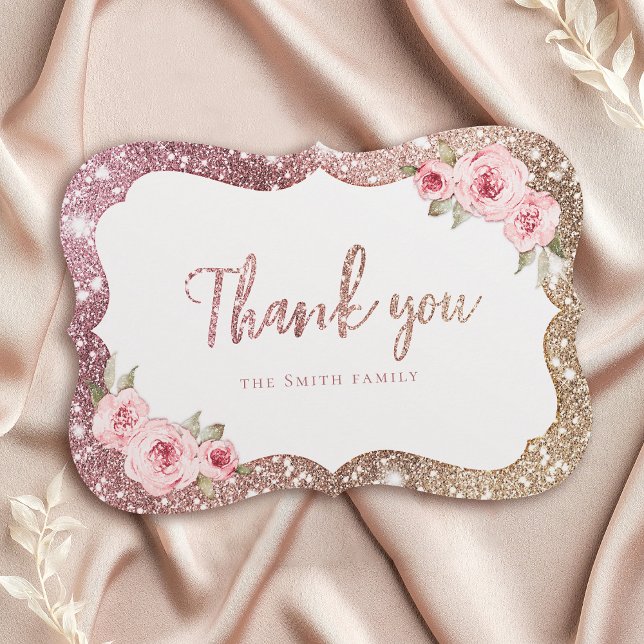 Sparkle Rose Gold Glitzer und Blumendanke Einladung (Sparkle rose gold glitter and floral thank you invitation)