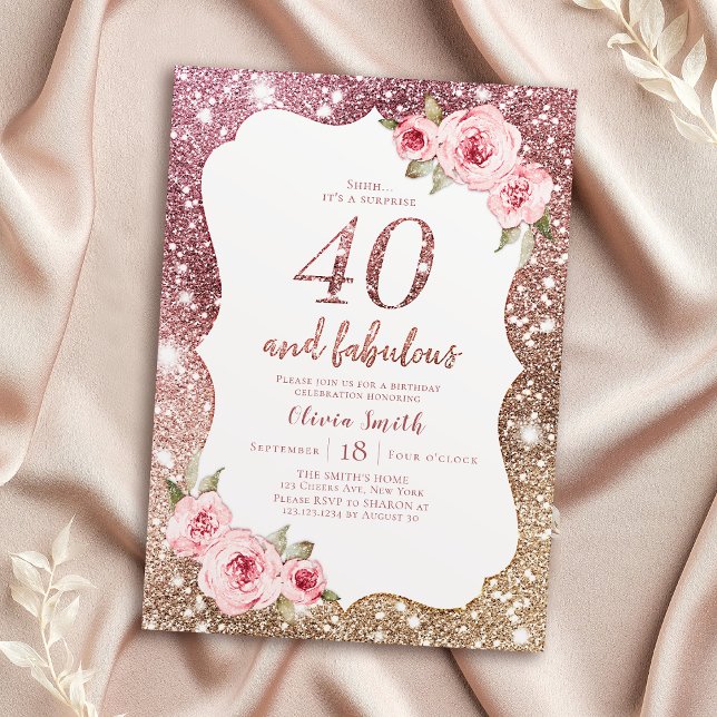 Sparkle Rose Gold Glitzer und Blumengärten 40. Geb Einladung (Sparkle rose gold glitter and floral 40th birthday invitation)