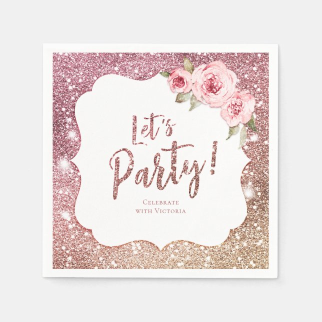 Sparkle Rose Gold Glitzer und Blumenstrauß Party Serviette (Vorderseite)