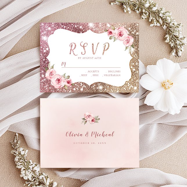 Sparkle Rose Gold Glitzer und Blütenhochzeit RSVP Karte (Sparkle rose gold glitter and floral wedding RSVP)