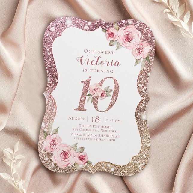 Sparkle Rose Gold Glitzer und florale 10. Geburtst Einladung (Sparkle rose gold glitter and floral 10th birthday invitation)