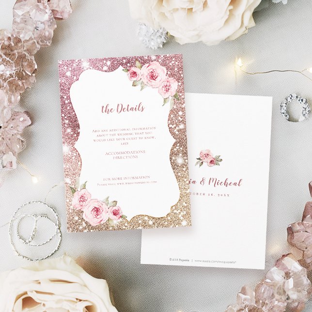 Sparkle Rose Goldmedaille Glitzer Blumenzwiebeldet Begleitkarte (Sparkle rose gold glitter floral Wedding Details Enclosure Card)