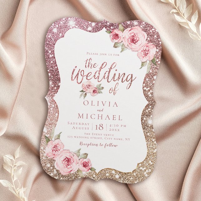 Sparkle Rose Goldmedaille Glitzer und Blumenhochze Einladung (Sparkle rose gold glitter and floral wedding invitation)