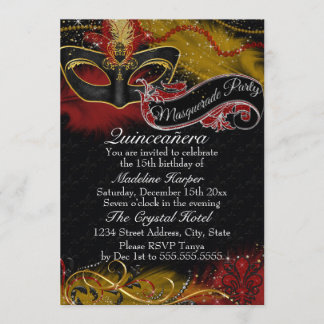 Sparkle Rot und Gold Masquerade Quinceanera Einladung