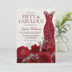 Sparkle Rotes Kleid & Rose 50. Geburtstag Shimmer Einladung