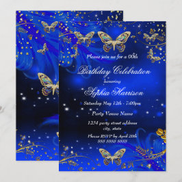 Sparkle Royal Blue Gold Butterfly Geburtstagsparty Einladung