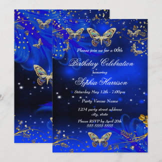 Sparkle Royal Blue Gold Butterfly Geburtstagsparty Einladung